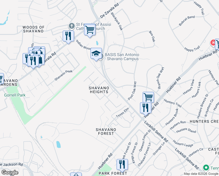 map of restaurants, bars, coffee shops, grocery stores, and more near 13402 Heights Hall in San Antonio