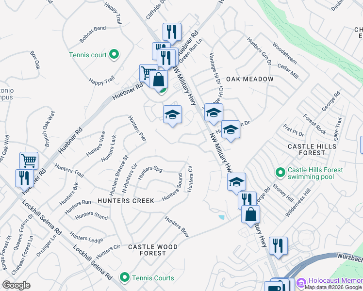 map of restaurants, bars, coffee shops, grocery stores, and more near 13931 Hunters Hawk in San Antonio