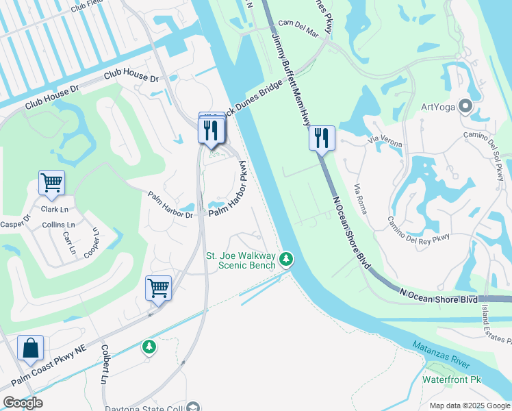 map of restaurants, bars, coffee shops, grocery stores, and more near 900 Canopy Walk Lane in Palm Coast