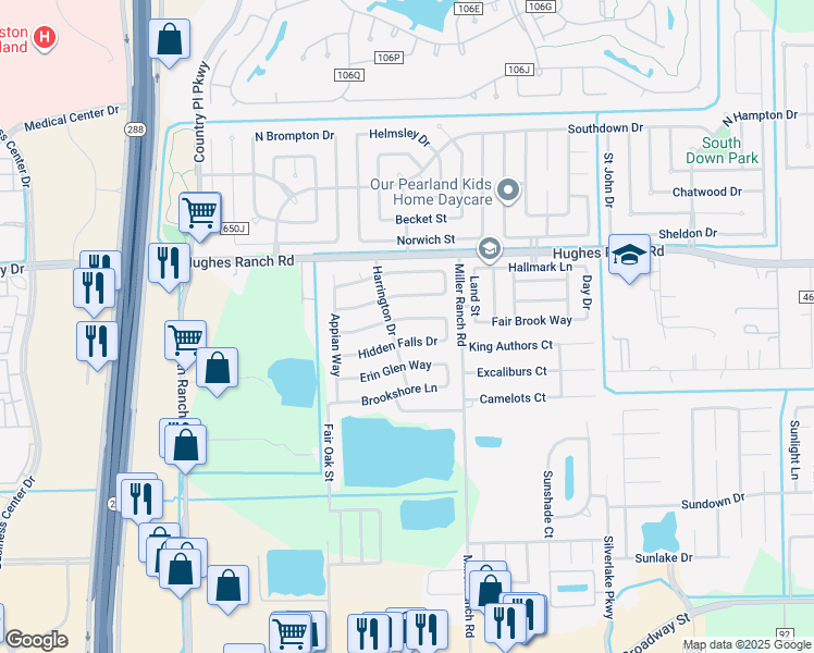 map of restaurants, bars, coffee shops, grocery stores, and more near 10017 Hidden Falls Drive in Pearland
