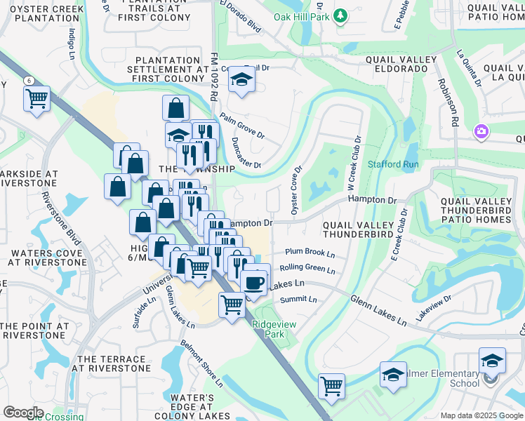 map of restaurants, bars, coffee shops, grocery stores, and more near 3470 Talia Wood Court in Missouri City