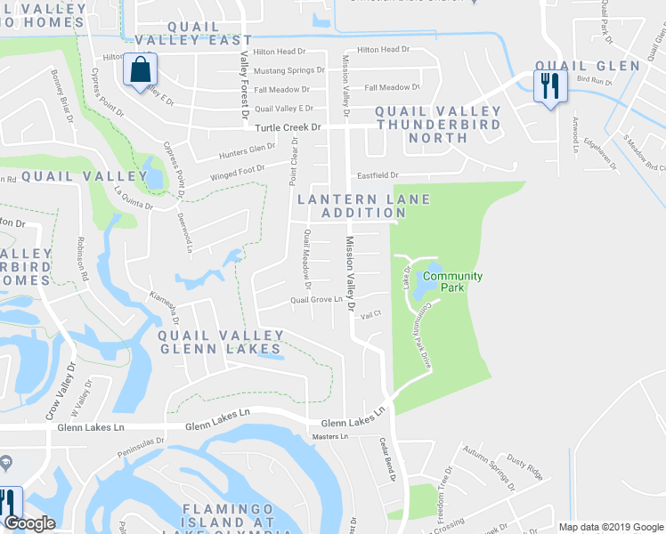 map of restaurants, bars, coffee shops, grocery stores, and more near 1907 Riflewood Circle in Missouri City