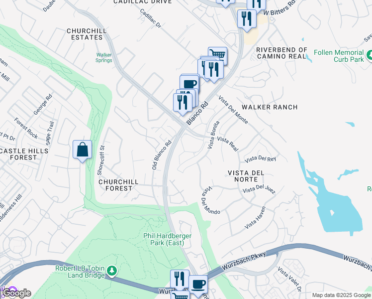 map of restaurants, bars, coffee shops, grocery stores, and more near 13330 Blanco Road in San Antonio