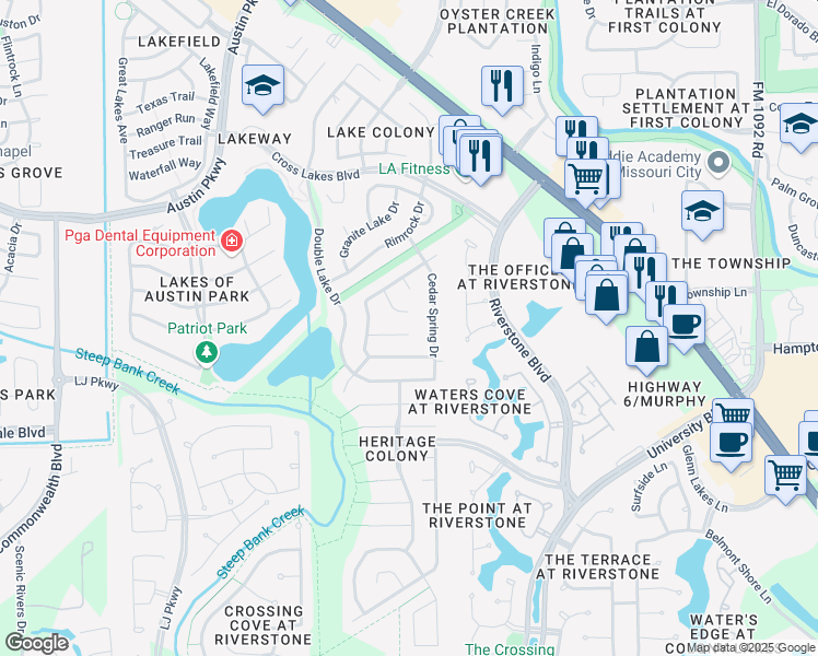 map of restaurants, bars, coffee shops, grocery stores, and more near 3611 Paluxy Circle in Missouri City