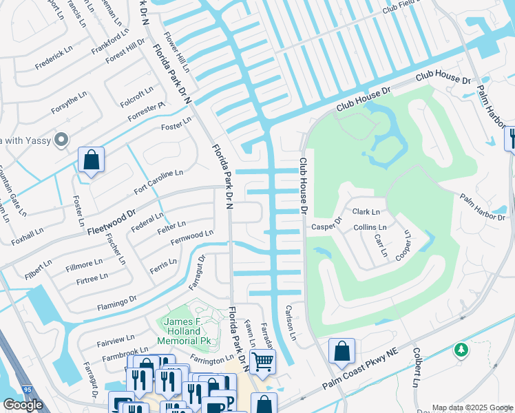map of restaurants, bars, coffee shops, grocery stores, and more near 18 Fernham Lane in Palm Coast