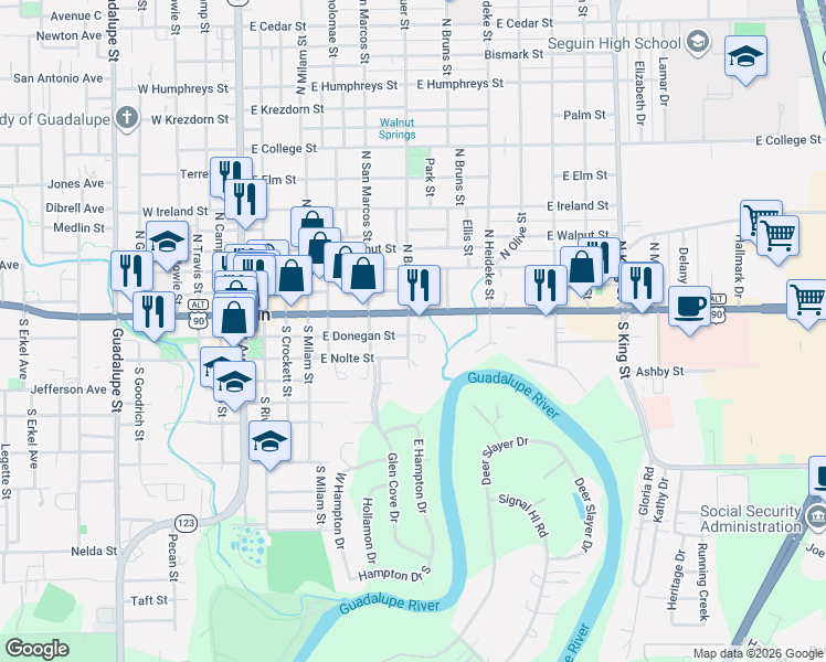 map of restaurants, bars, coffee shops, grocery stores, and more near 750 Cedar Parkway in Seguin