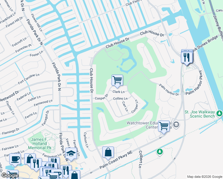 map of restaurants, bars, coffee shops, grocery stores, and more near 17 Casper Drive in Palm Coast