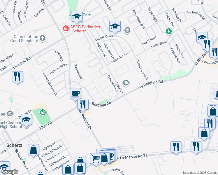 map of restaurants, bars, coffee shops, grocery stores, and more near 1021 Linden Grove Drive in Schertz