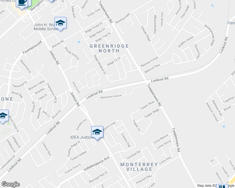 map of restaurants, bars, coffee shops, grocery stores, and more near 6402 Melanzane Avenue in San Antonio