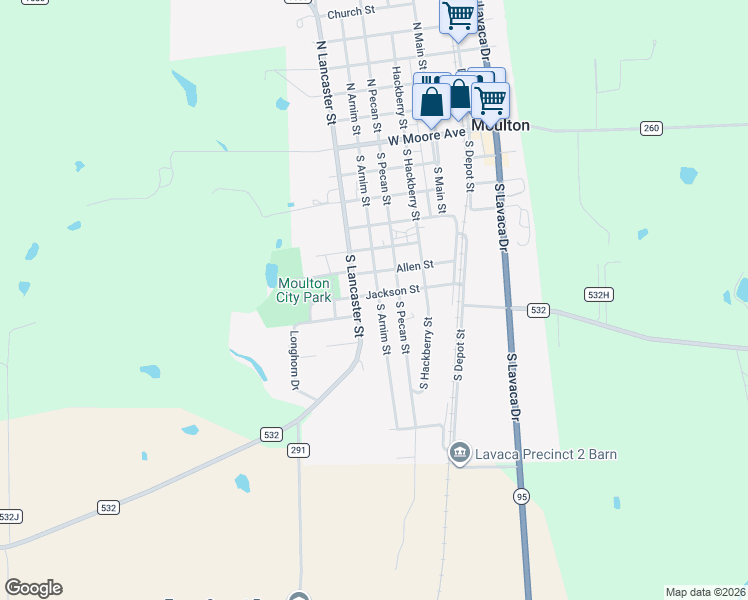 map of restaurants, bars, coffee shops, grocery stores, and more near 703 South Arnim Street in Moulton