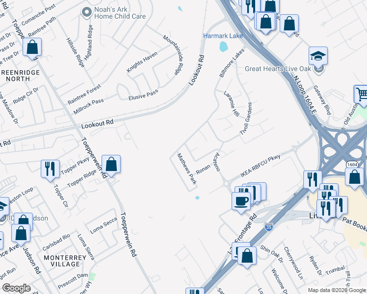 map of restaurants, bars, coffee shops, grocery stores, and more near 13622 Mathews Park in San Antonio