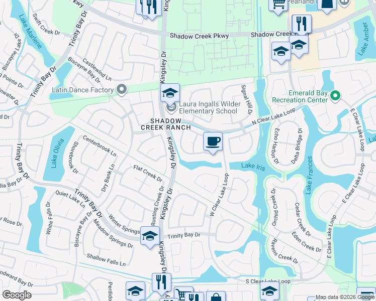 map of restaurants, bars, coffee shops, grocery stores, and more near 2332 Diamond Springs Drive in Pearland