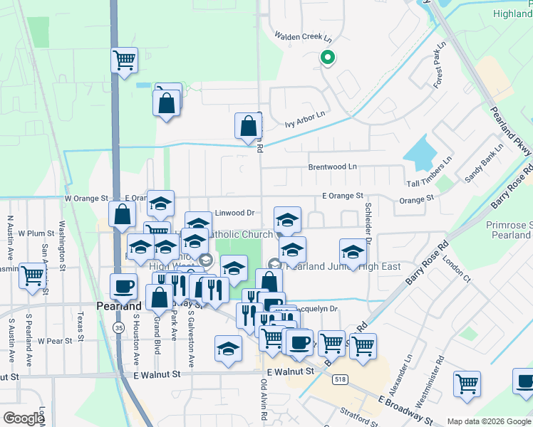 map of restaurants, bars, coffee shops, grocery stores, and more near 2111 Old Alvin Road in Pearland