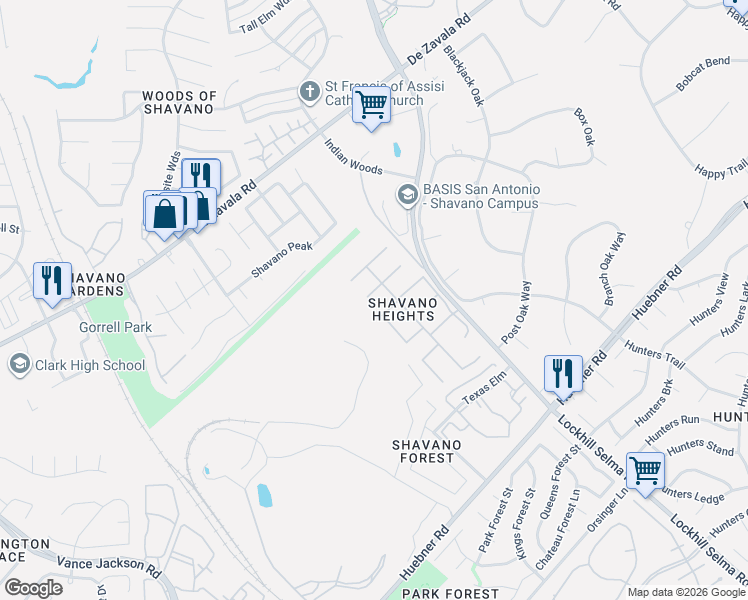 map of restaurants, bars, coffee shops, grocery stores, and more near 13302 Heights Park in San Antonio