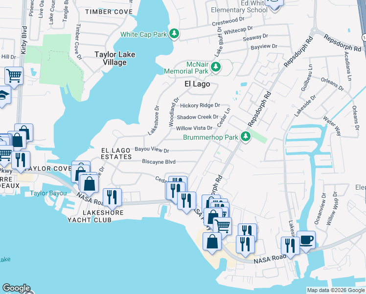 map of restaurants, bars, coffee shops, grocery stores, and more near 406 Bayou View Drive in El Lago