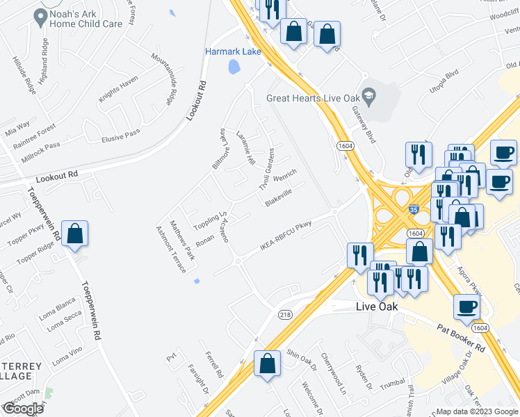 map of restaurants, bars, coffee shops, grocery stores, and more near 13704 Blakeville in San Antonio