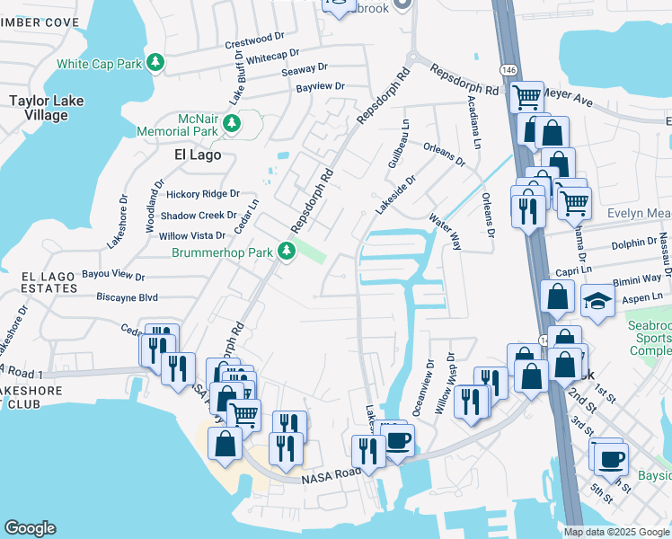 map of restaurants, bars, coffee shops, grocery stores, and more near 2205 Le Beau Lane in Seabrook