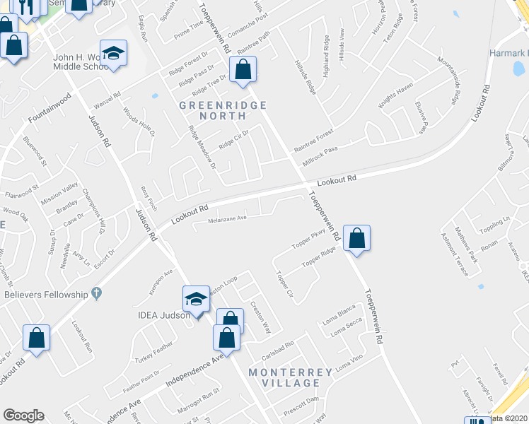 map of restaurants, bars, coffee shops, grocery stores, and more near 6414 Melanzane Avenue in San Antonio