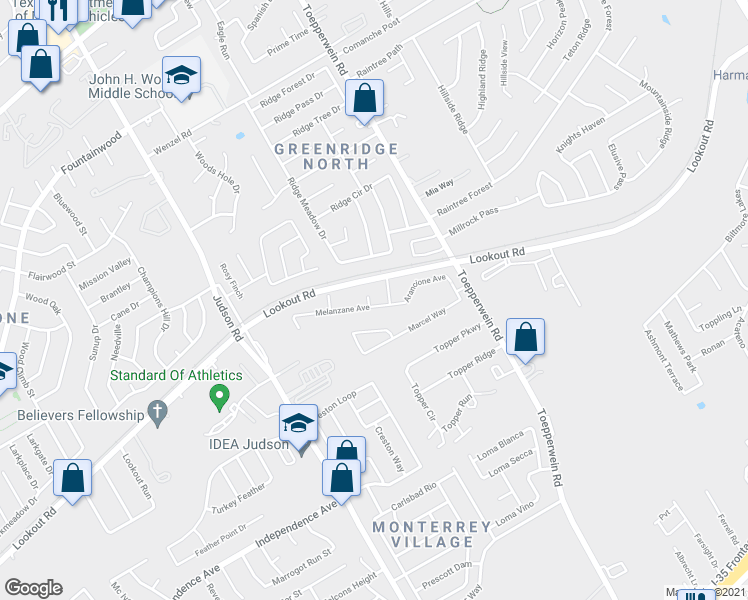 map of restaurants, bars, coffee shops, grocery stores, and more near 6414 Melanzane Avenue in San Antonio