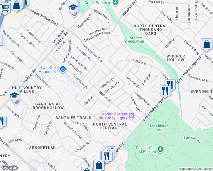 map of restaurants, bars, coffee shops, grocery stores, and more near 2022 Oak Vista Street in San Antonio