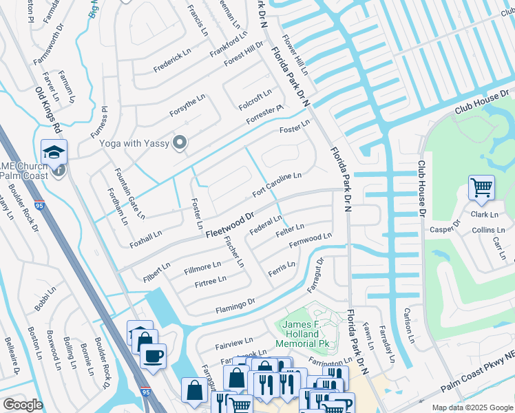 map of restaurants, bars, coffee shops, grocery stores, and more near 45 Fleetwood Drive in Palm Coast