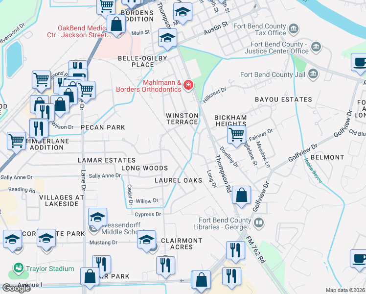map of restaurants, bars, coffee shops, grocery stores, and more near 1714 Long Drive in Richmond