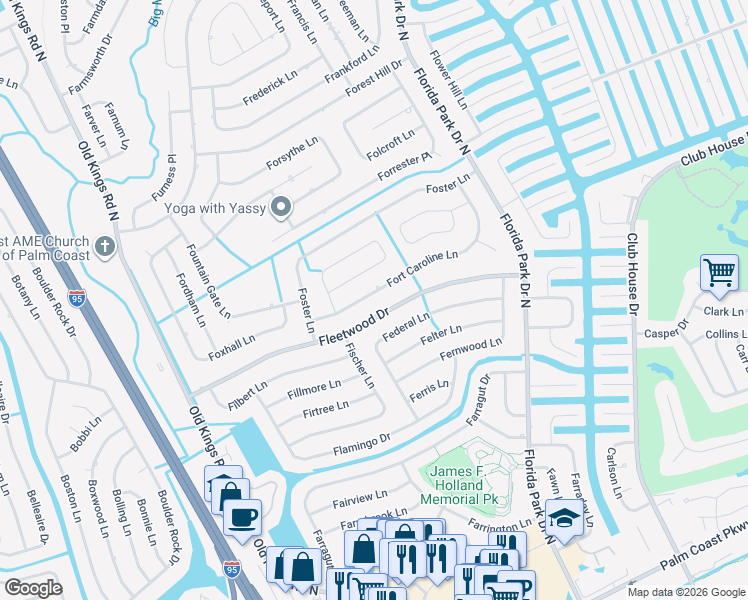 map of restaurants, bars, coffee shops, grocery stores, and more near 55 Fleetwood Drive in Palm Coast