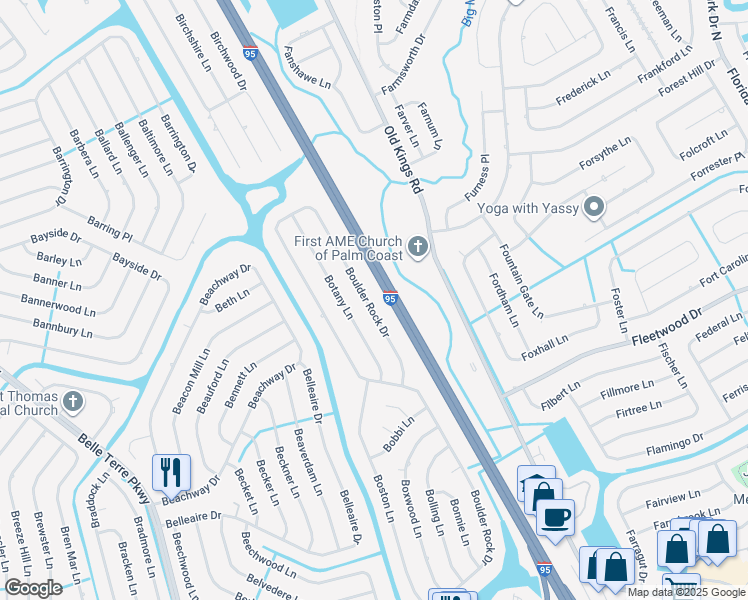 map of restaurants, bars, coffee shops, grocery stores, and more near 225 Boulder Rock Drive in Palm Coast
