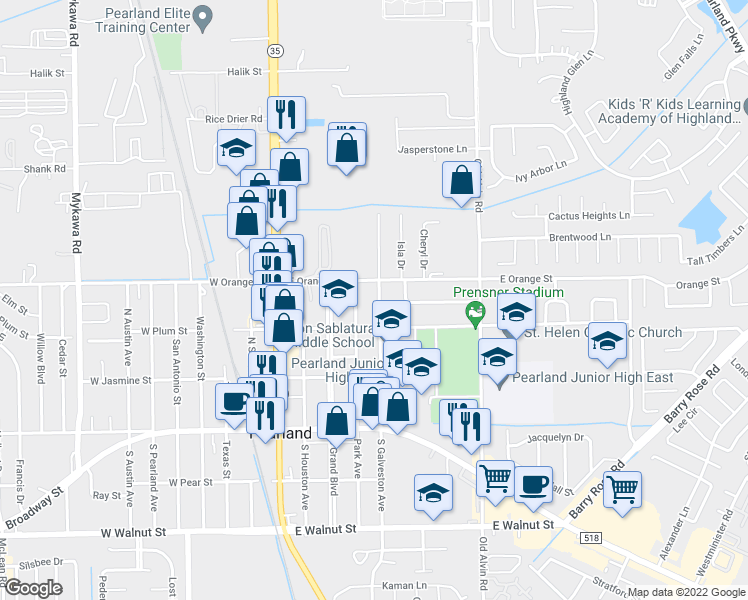map of restaurants, bars, coffee shops, grocery stores, and more near 2110 Galveston Avenue in Pearland