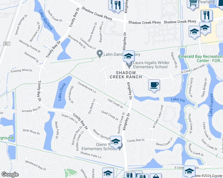 map of restaurants, bars, coffee shops, grocery stores, and more near 2321 Shadow Falls Lane in Pearland
