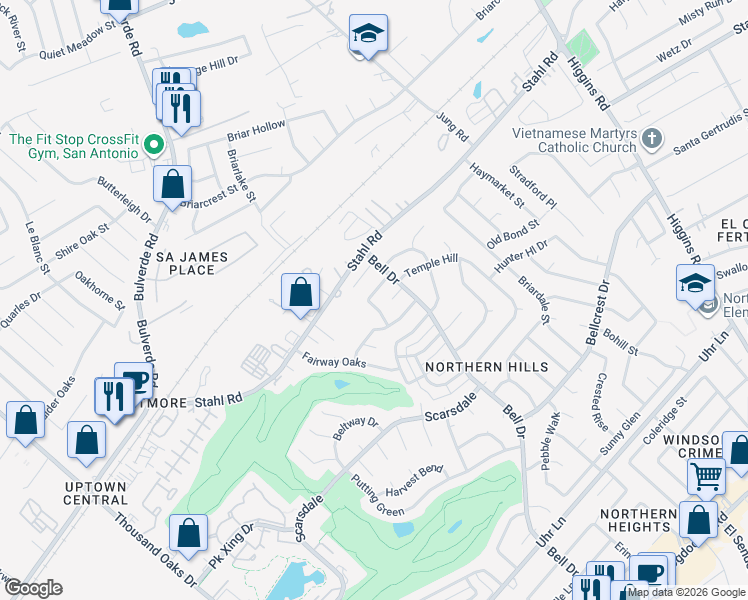 map of restaurants, bars, coffee shops, grocery stores, and more near 14106 Fairway Glen in San Antonio