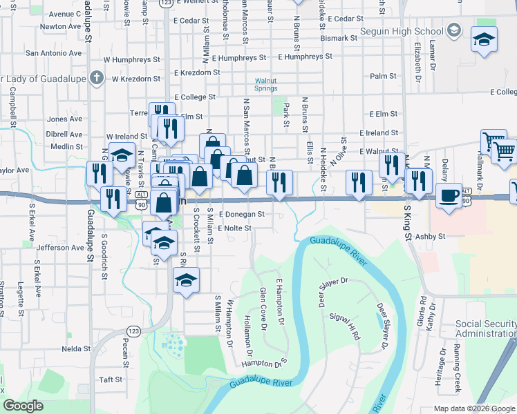 map of restaurants, bars, coffee shops, grocery stores, and more near 615 East Donegan Street in Seguin