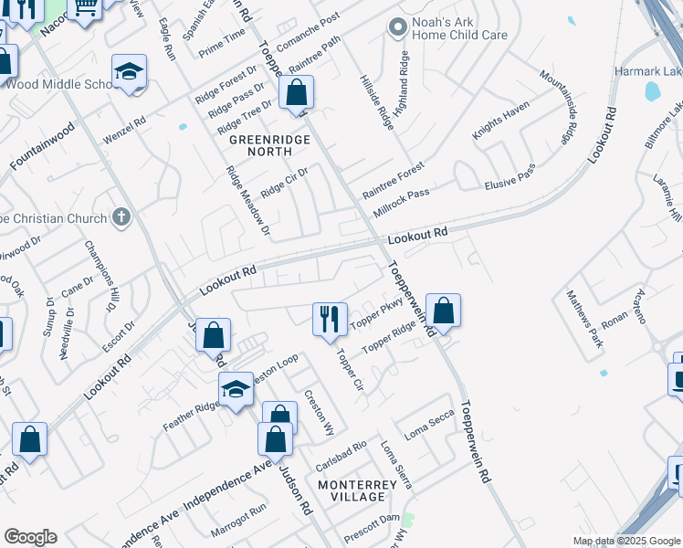 map of restaurants, bars, coffee shops, grocery stores, and more near 6519 Marcel Way in San Antonio