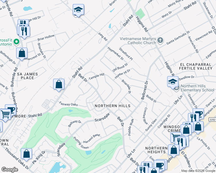 map of restaurants, bars, coffee shops, grocery stores, and more near 13915 Brays Forest in San Antonio