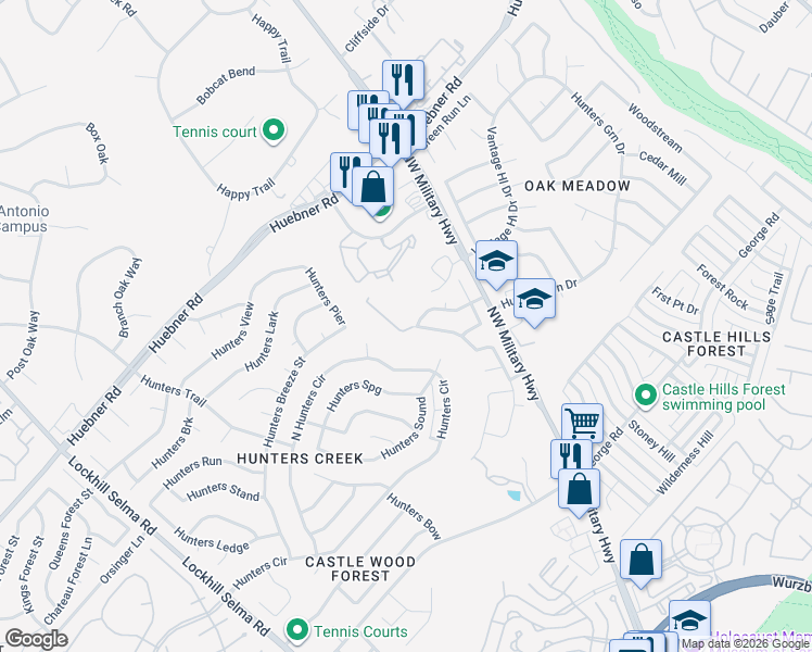 map of restaurants, bars, coffee shops, grocery stores, and more near 13931 Hunters Hawk in San Antonio