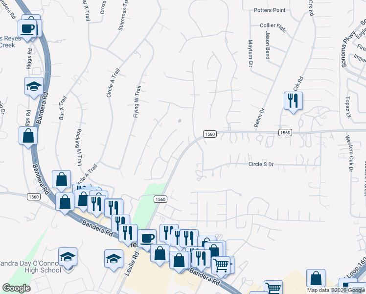 map of restaurants, bars, coffee shops, grocery stores, and more near 13425 Circle North Drive West in Helotes
