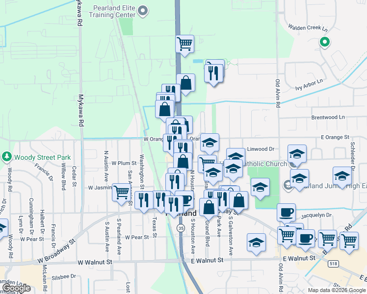 map of restaurants, bars, coffee shops, grocery stores, and more near 2117 North Main Street in Pearland