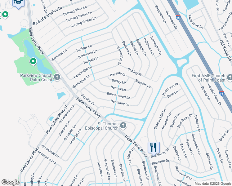 map of restaurants, bars, coffee shops, grocery stores, and more near 32 Bannerwood Lane in Palm Coast