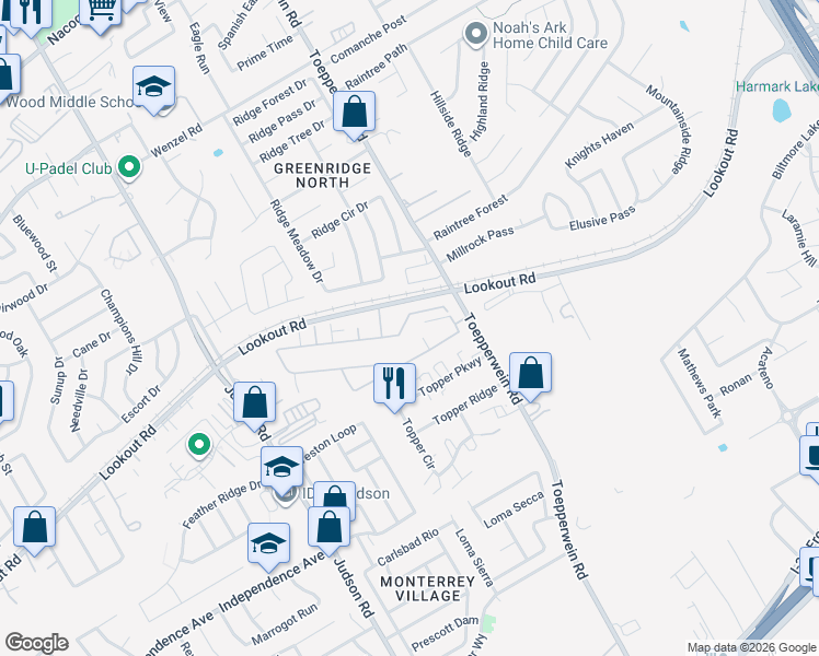 map of restaurants, bars, coffee shops, grocery stores, and more near 6519 Marcel Way in San Antonio