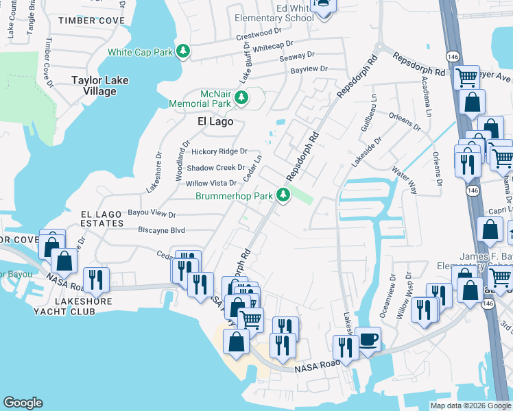 map of restaurants, bars, coffee shops, grocery stores, and more near 2493 Repsdorph Road in Seabrook