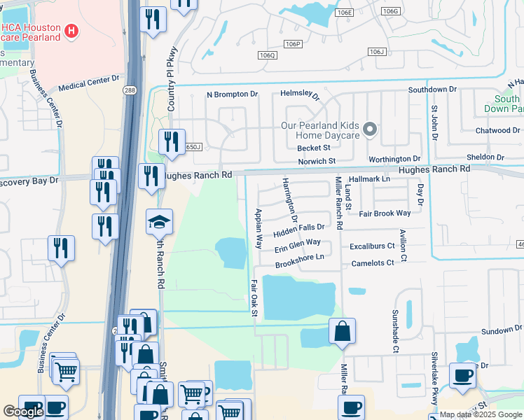 map of restaurants, bars, coffee shops, grocery stores, and more near 2318 Appian Way in Pearland