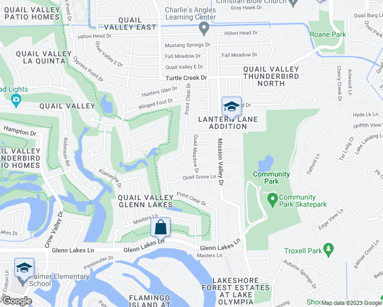 map of restaurants, bars, coffee shops, grocery stores, and more near 3618 Quail Meadow Drive in Missouri City