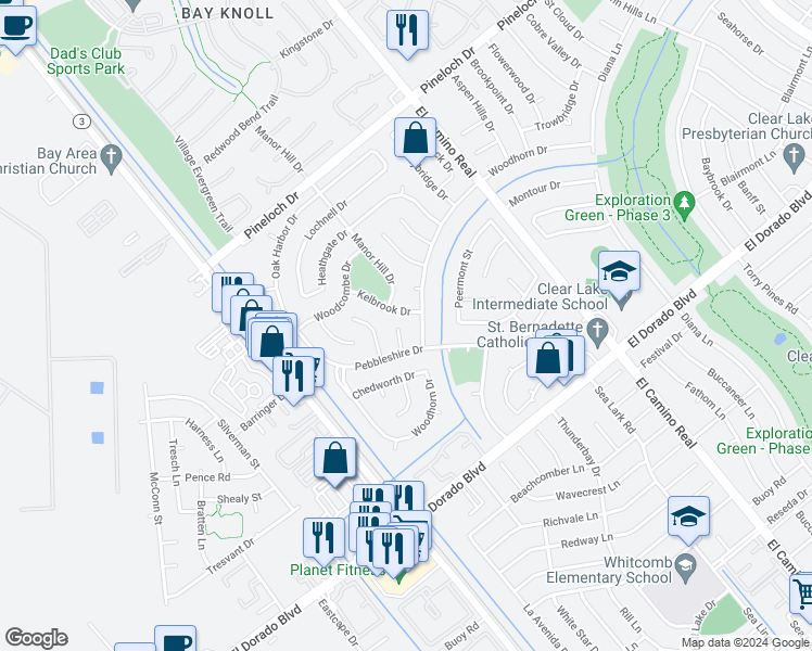 map of restaurants, bars, coffee shops, grocery stores, and more near 15203 Wickmere Drive in Houston