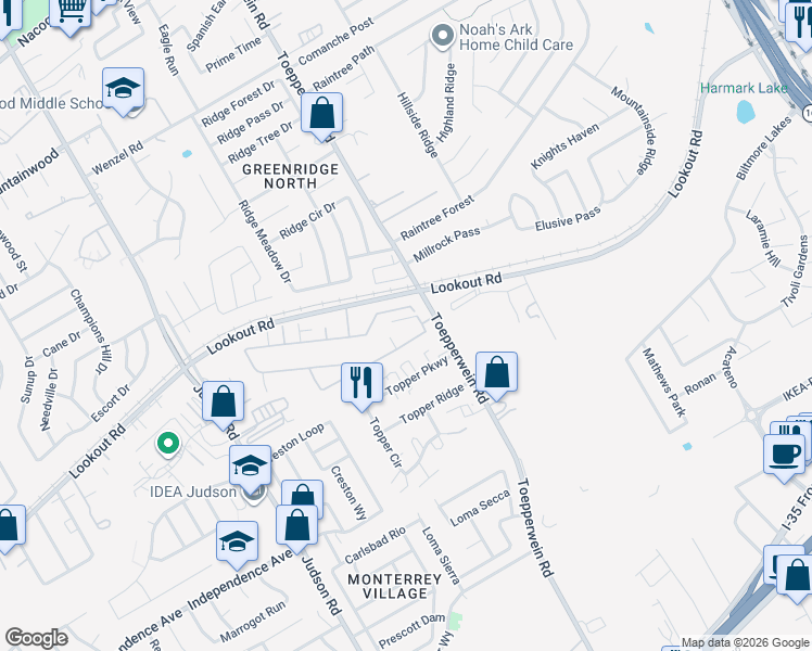 map of restaurants, bars, coffee shops, grocery stores, and more near 6635 Topper Parkway in San Antonio