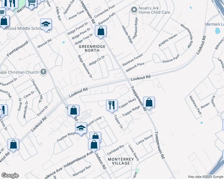 map of restaurants, bars, coffee shops, grocery stores, and more near 6519 Marcel Way in San Antonio
