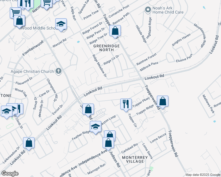 map of restaurants, bars, coffee shops, grocery stores, and more near 6402 Melanzane Avenue in San Antonio