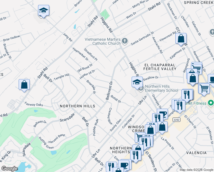map of restaurants, bars, coffee shops, grocery stores, and more near 4702 Barhill in San Antonio
