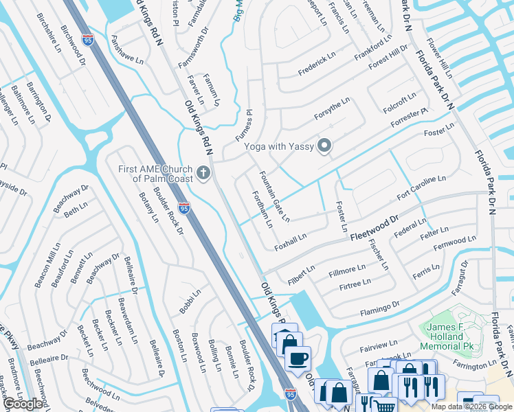 map of restaurants, bars, coffee shops, grocery stores, and more near 38 Fordham Lane in Palm Coast