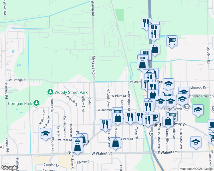 map of restaurants, bars, coffee shops, grocery stores, and more near 4630 Orange Circle North in Pearland
