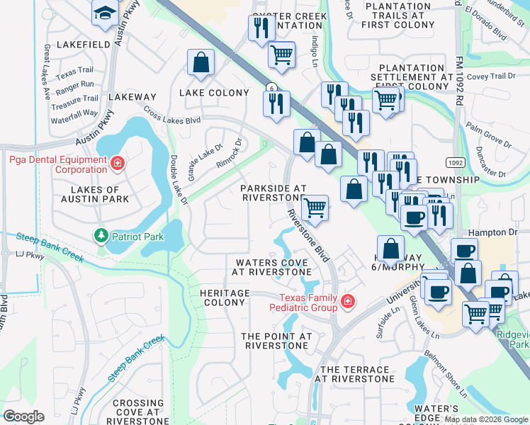 map of restaurants, bars, coffee shops, grocery stores, and more near 5003 Windshire in Missouri City